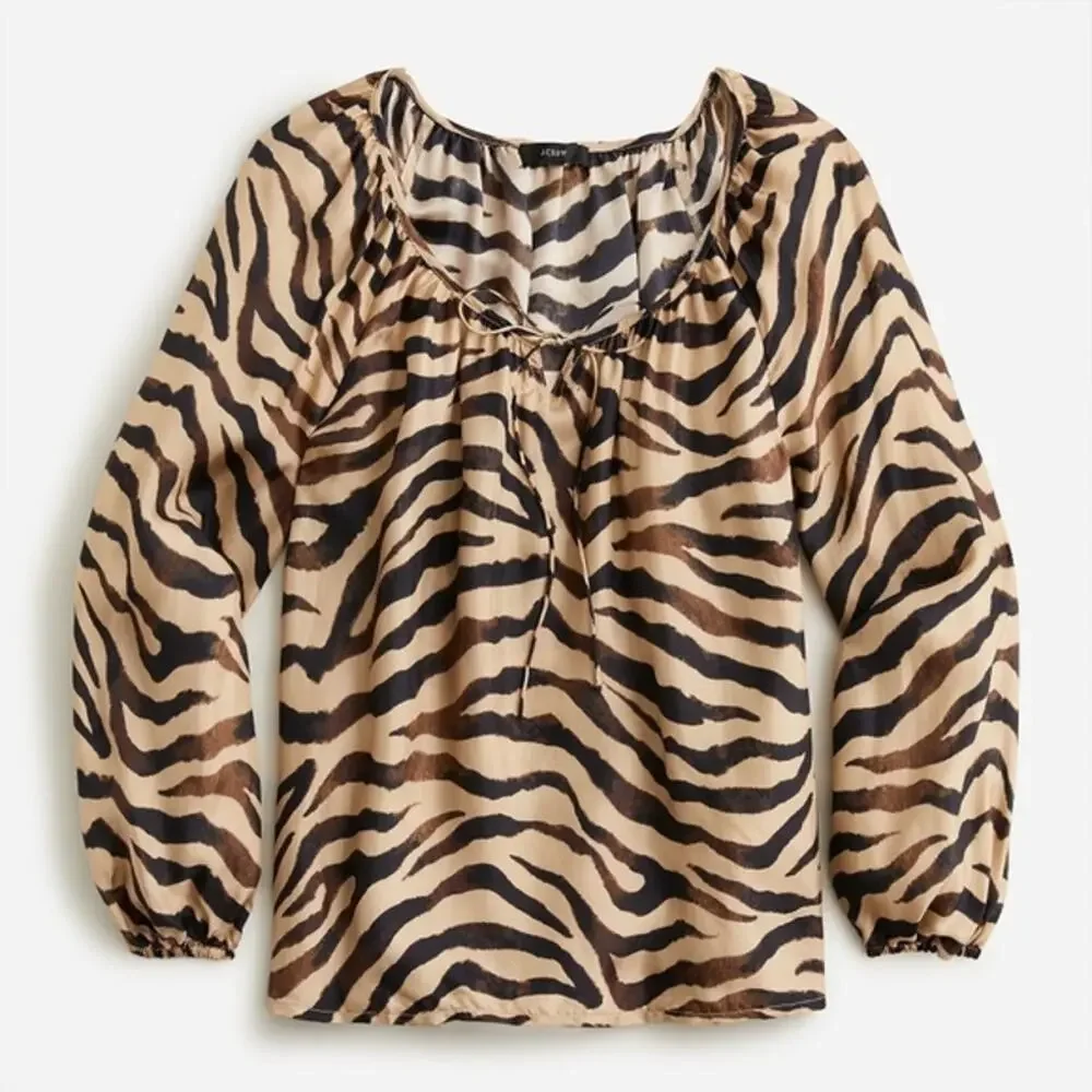 J. Crew Drapey Tie-Front Blouse Top - Size XS - Zebra Stripe Cupro Blend Peasant
